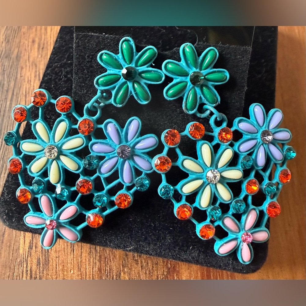 Floral Multicolor Statement Earrings Pierced Rhin… - image 1
